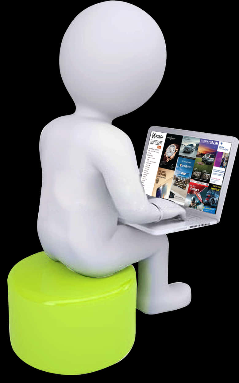 3 D Figure Using Laptop On Stool PNG