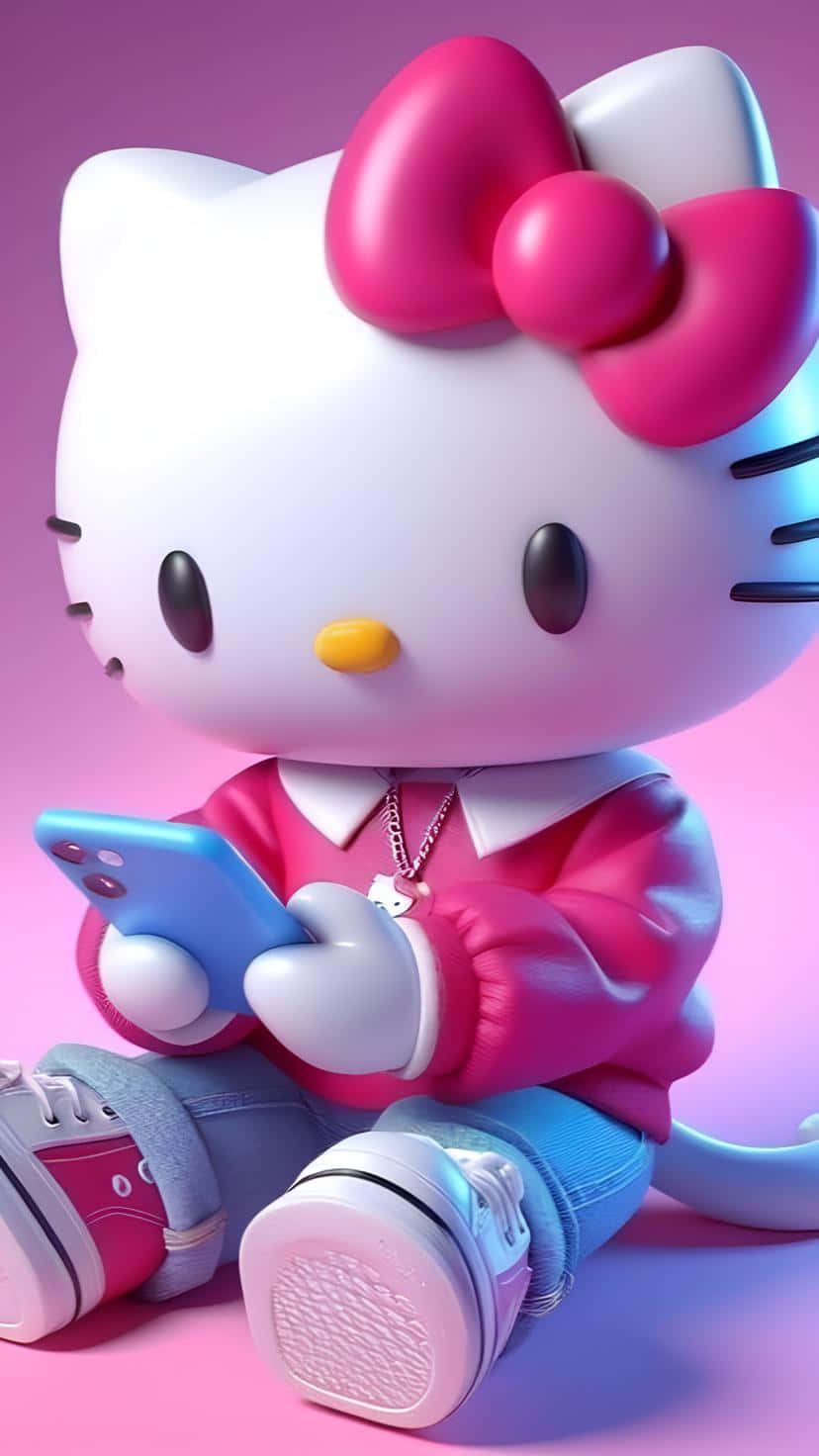 3 D Hello Kitty With Smartphone Wallpaper