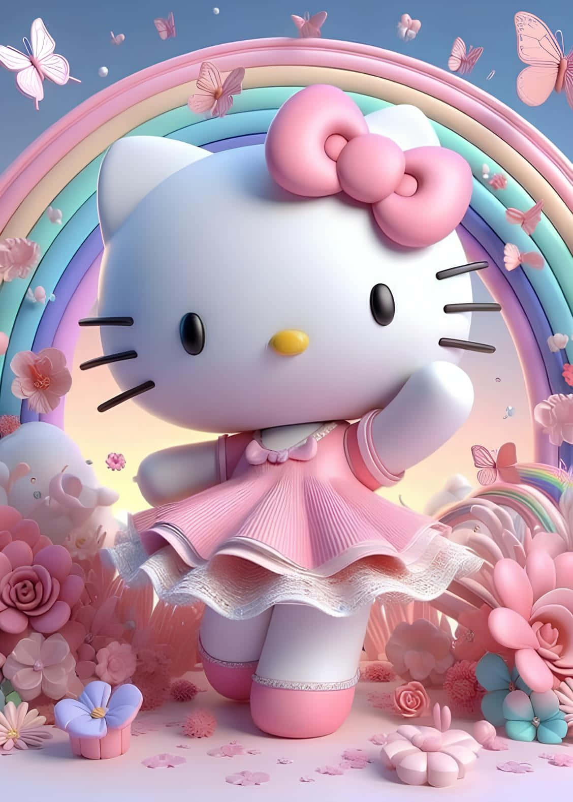 3 D Hello Kittyin Floral Fantasy Wallpaper