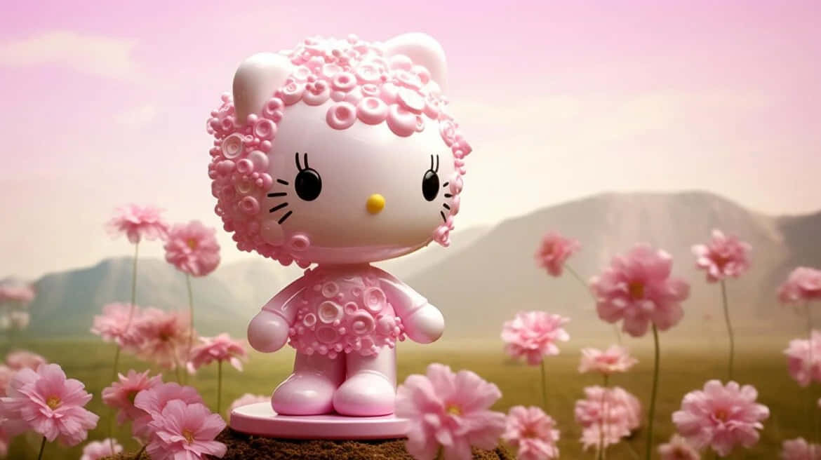 3 D Hello Kittyin Floral Landscape Wallpaper