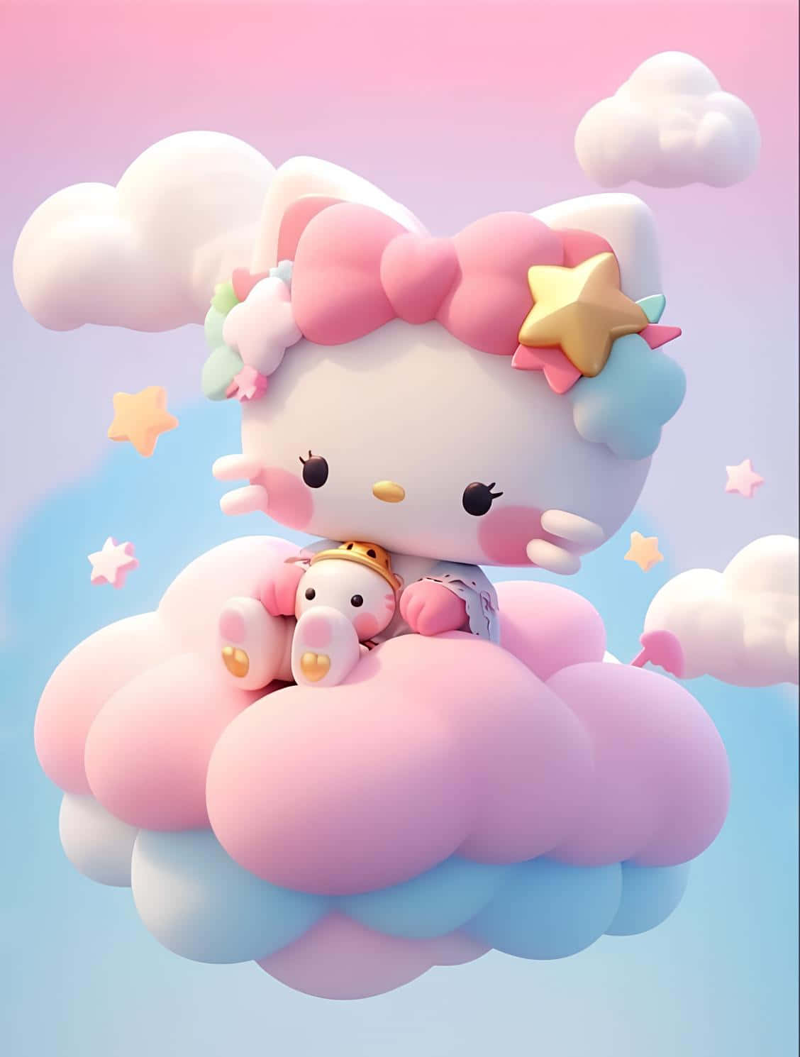 3 D Hello Kittyon Clouds Wallpaper