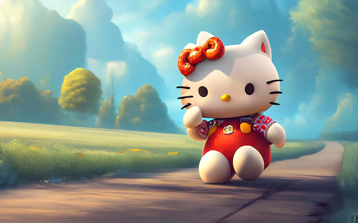 3 D Hello Kittyon Country Road Wallpaper