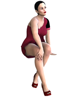 3 D Model Female Crouchingin Red Dress PNG