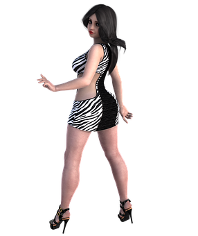 3 D Model Girlin Zebra Print Dress PNG