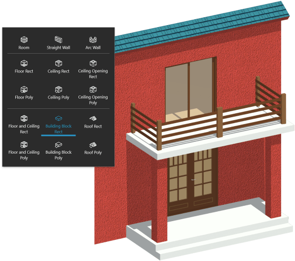 3 D Modeling Components Example PNG — A 3D isometric rendering of a red stucco house with balcony and door alongside a UI panel listing architectural modeling tools.