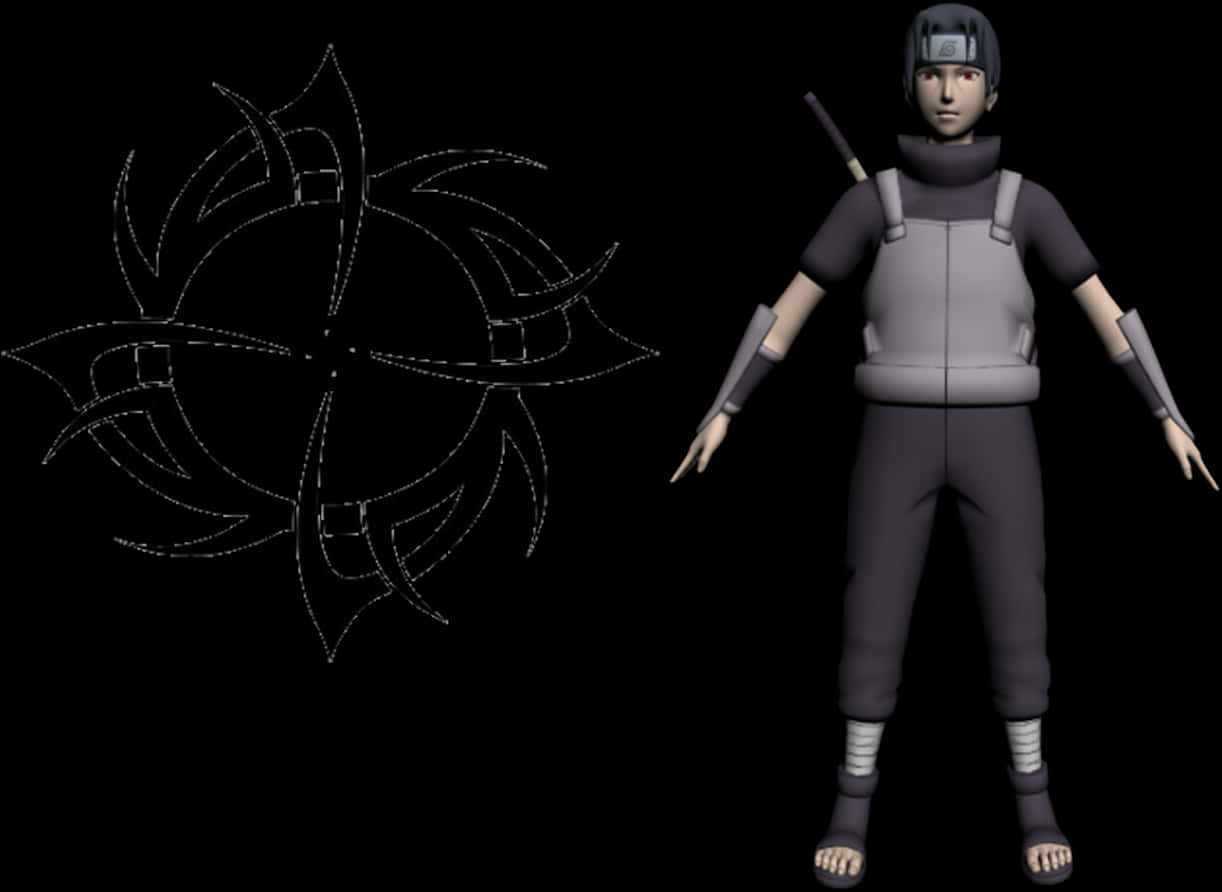 3 D Modelof Anime Ninjawith Symbol PNG