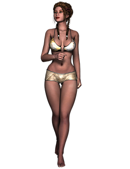 3 D Rendered Female Characterin Golden Bikini PNG