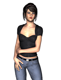 3 D Rendered Woman Black Top Jeans PNG