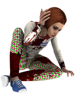 3 D Rendered Woman Sitting Bloodied Clothes PNG