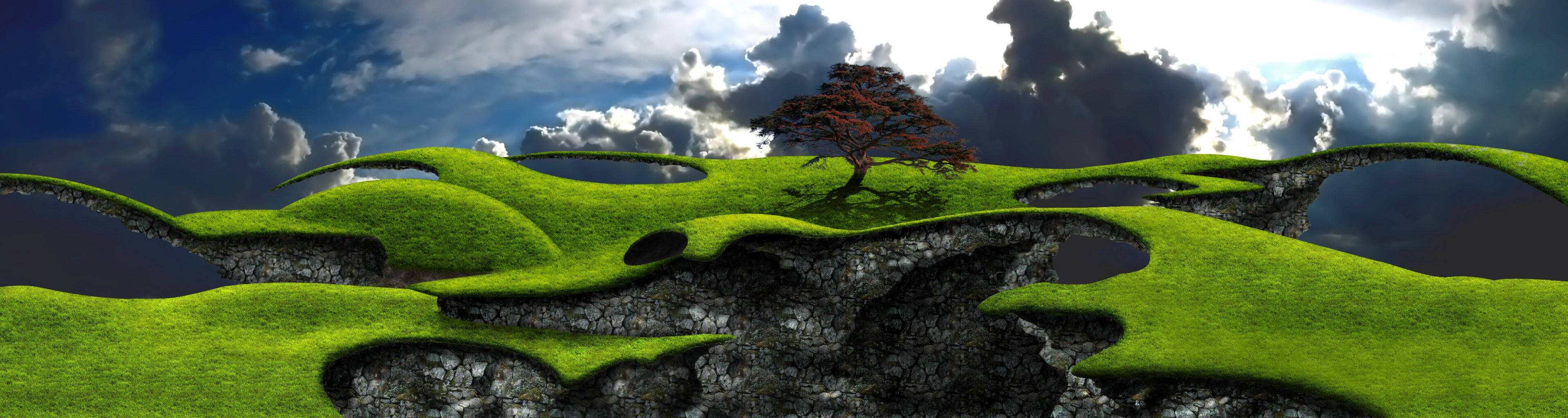 3bildschirme Grüne Landschaft Wallpaper