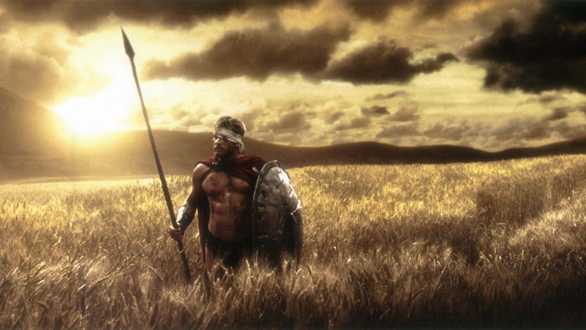 En spartansk kriger står på et felt med en spids. Wallpaper