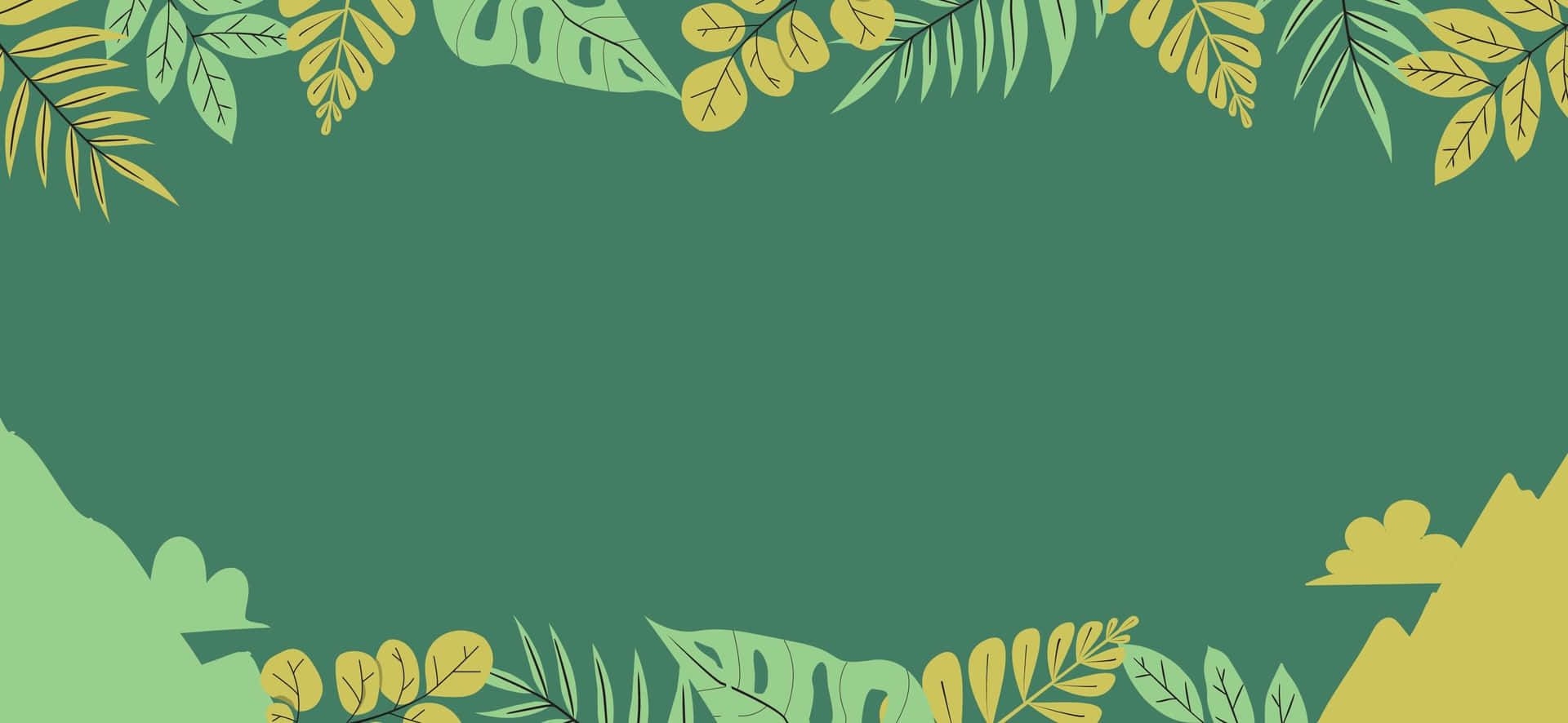 A Green Background With Tropical Leaves And Flowers Wallpaper