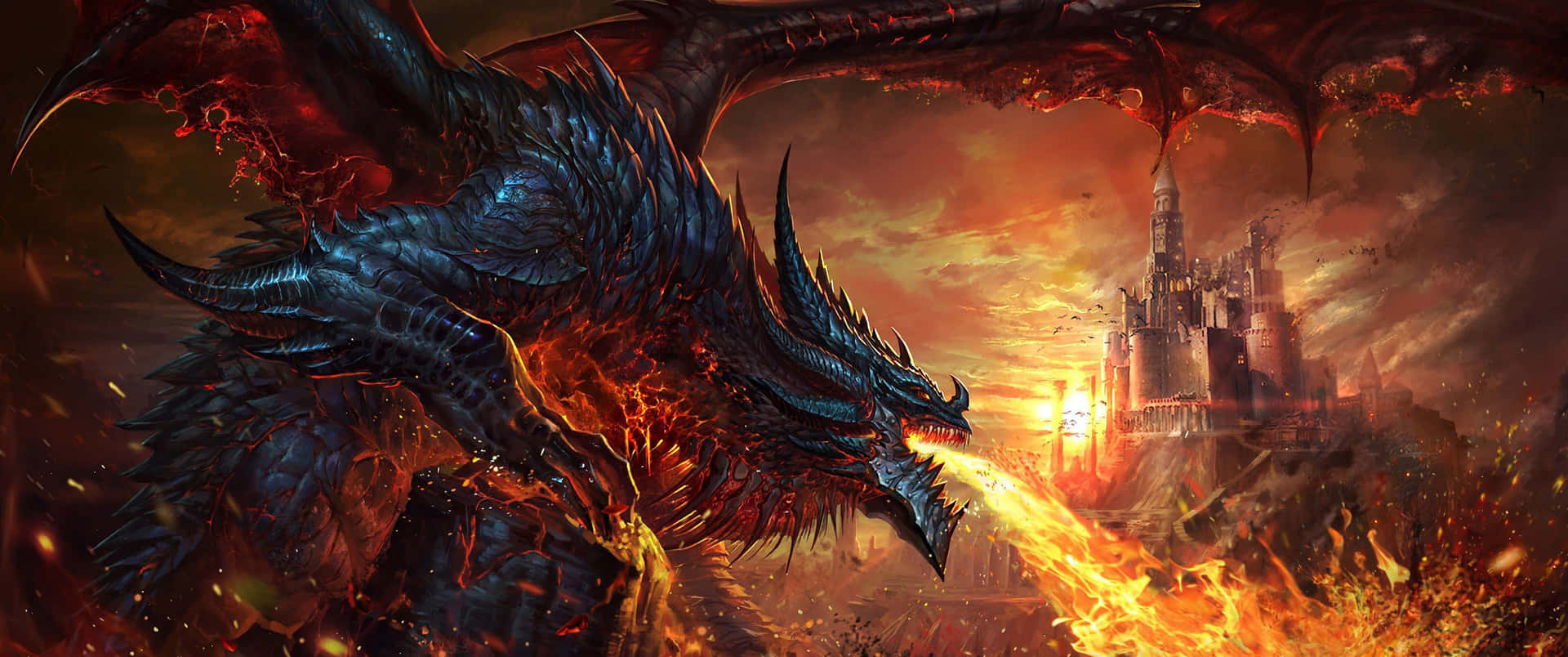 3440x1440 Dragon Fire Breath Castle Wallpaper