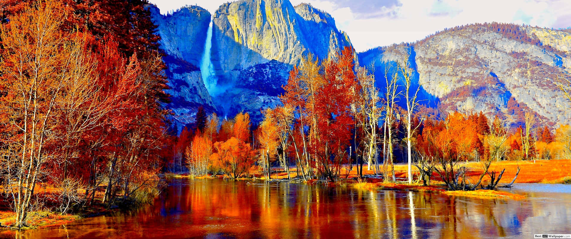 3440x1440 Fall Season With Lake And Mountain View Wallpaper