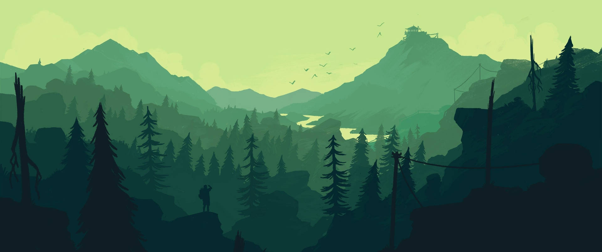 3440x1440 Minimalist Green Mountain Landscape Wallpaper