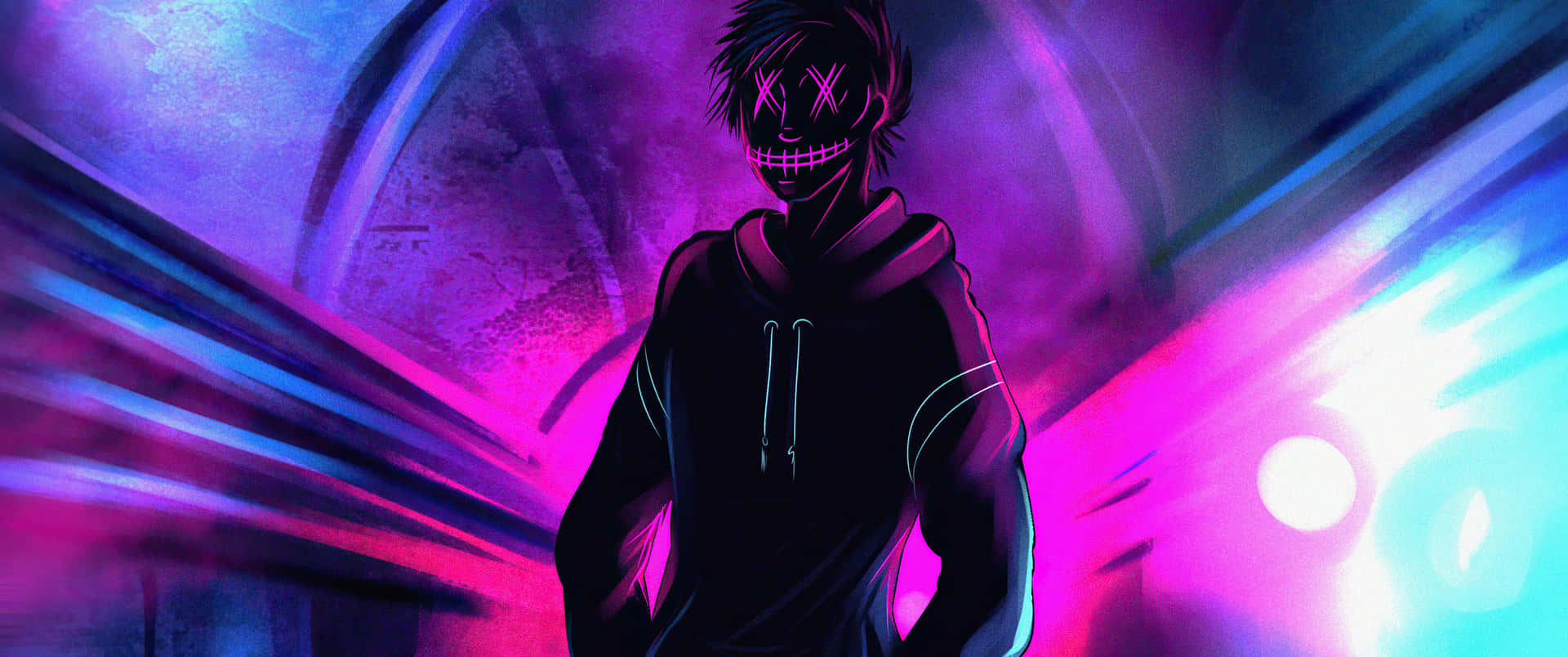 A Man In A Hoodie Standing In Front Of A Purple Light Wallpaper