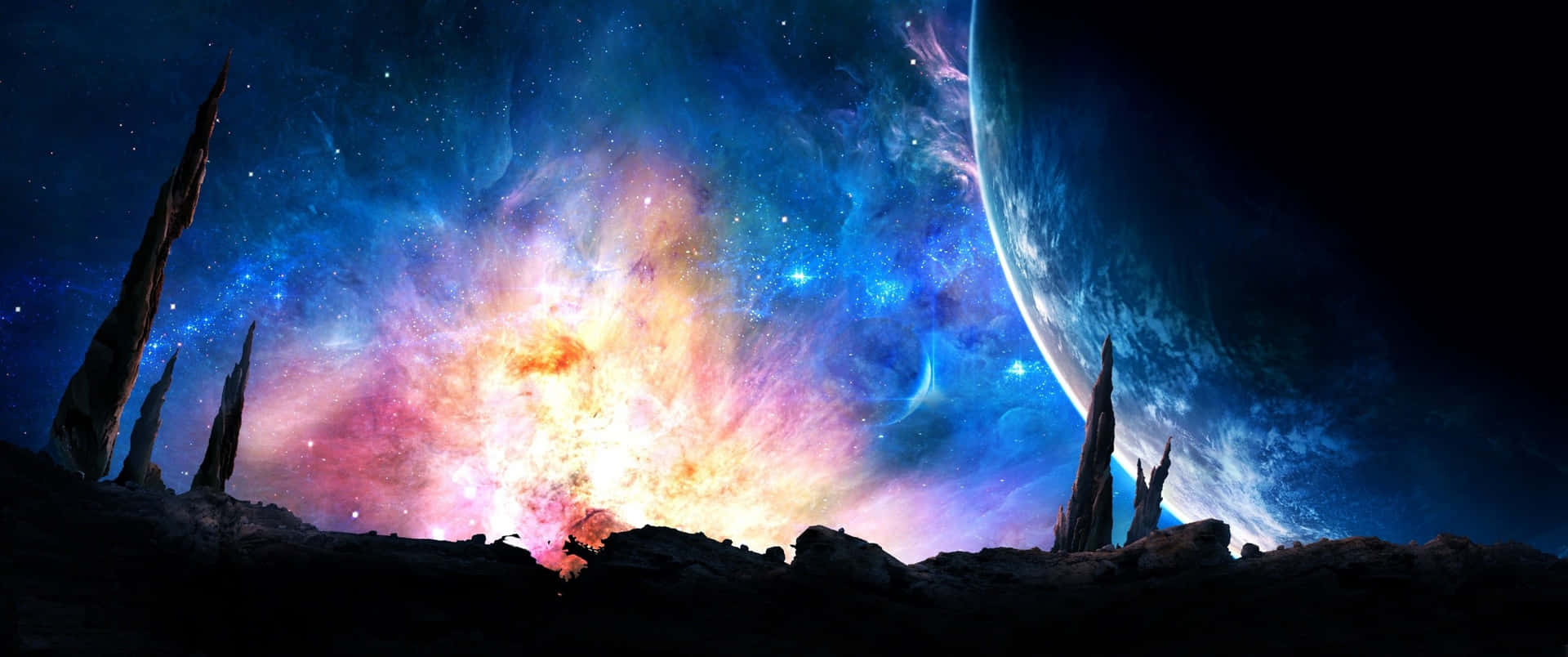3440x1440 Space Rising Planet In Galaxy Wallpaper