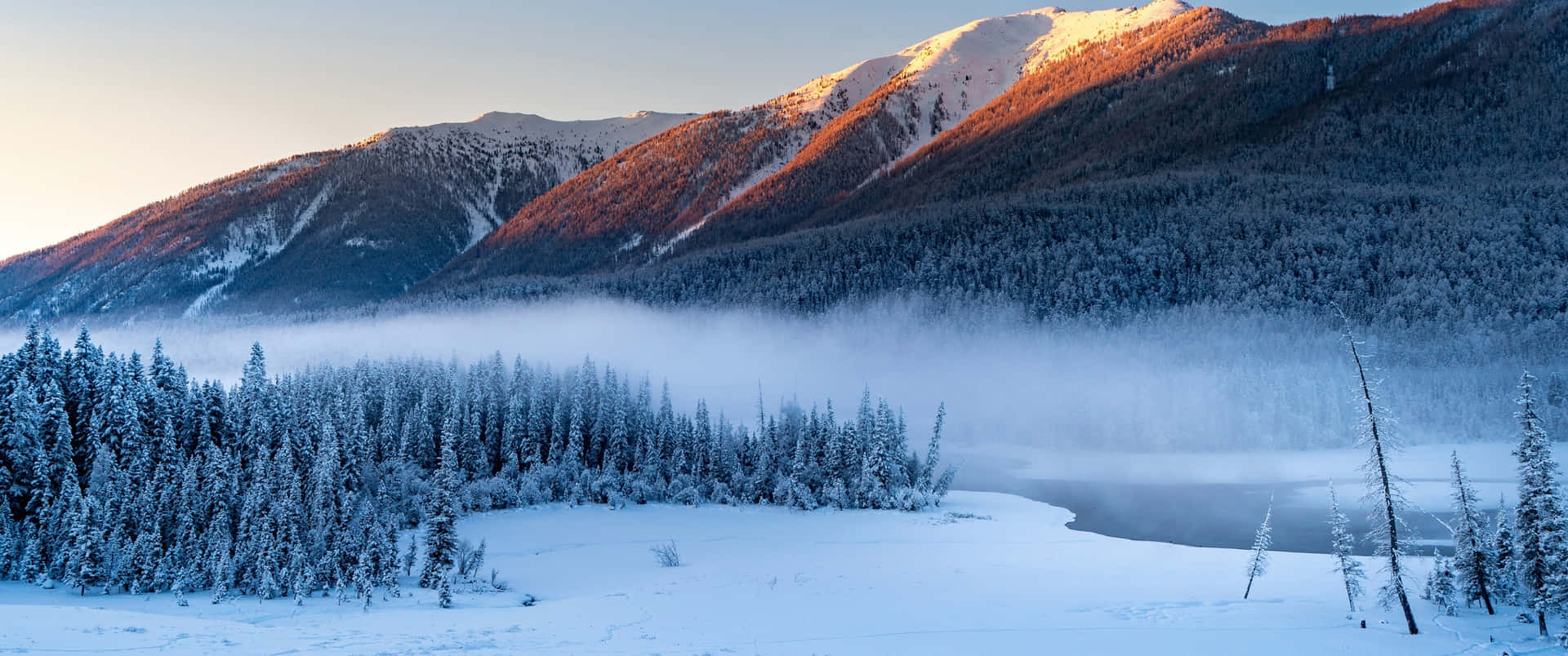 En sne dækket bjergkæde med træer og en sø Wallpaper