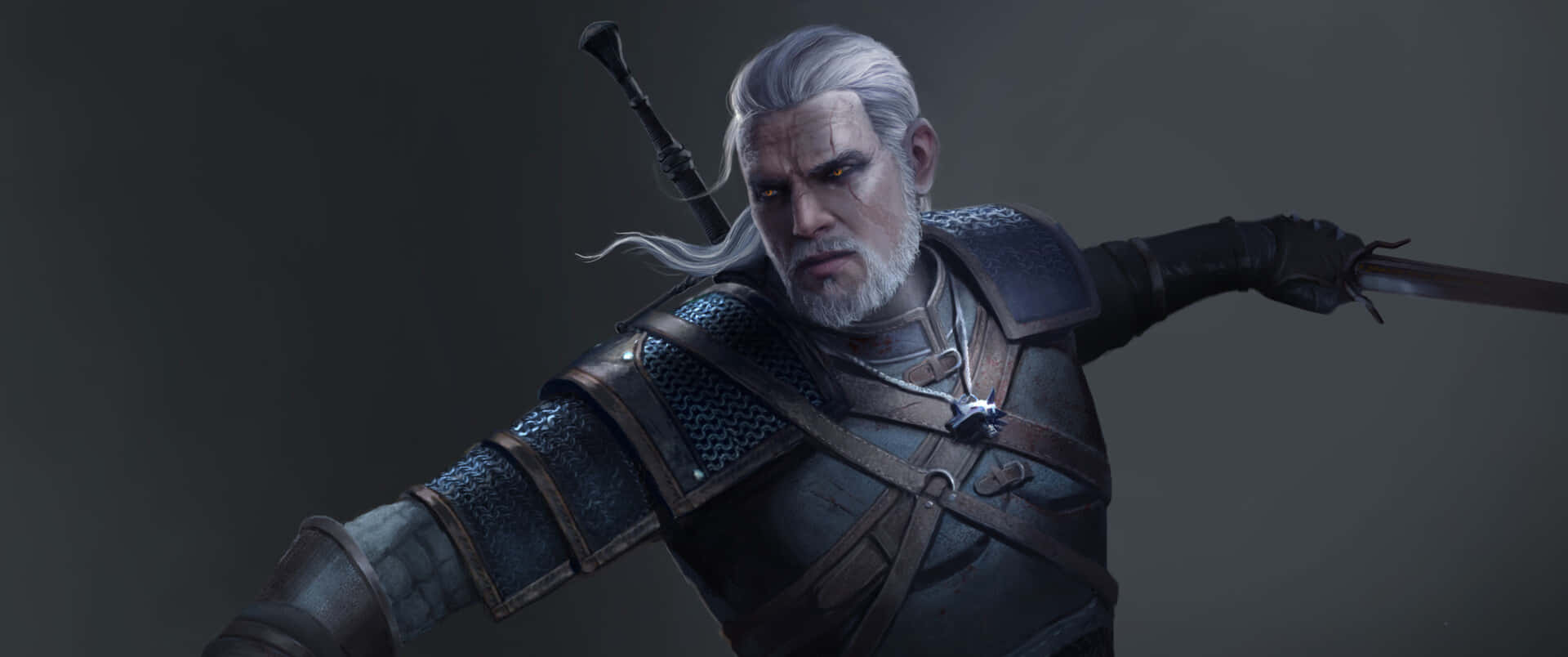 Geralt af Rivia, den drabelige hovedperson fra den populære computerspilserie The Witcher, i al hans herlighed. Wallpaper