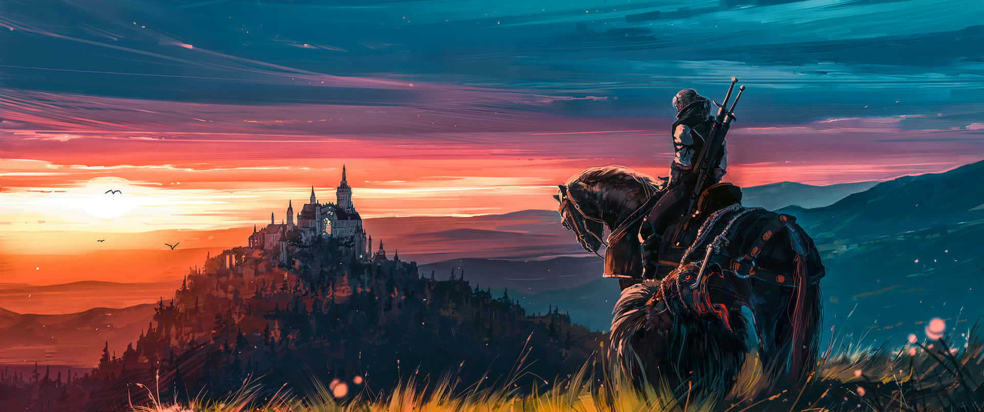 3440x1440 Witcher Castle On A Mountain Wallpaper