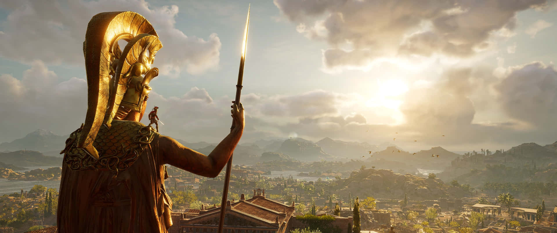 3440x1440p Assassin's Creed Odyssey Background Assassin Standing On Statue's Shoulder Background