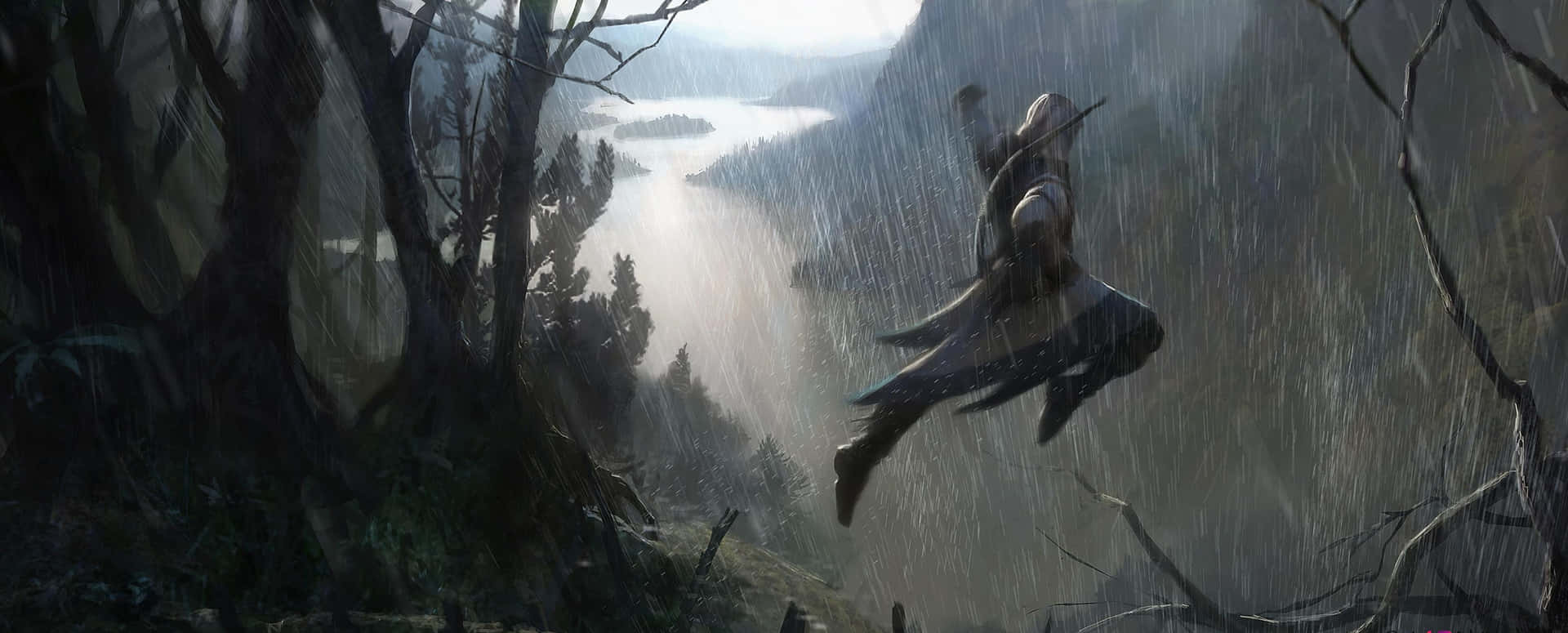 3440x1440p Assassin's Creed Odyssey Background Assassin Jumping In The Rain Background