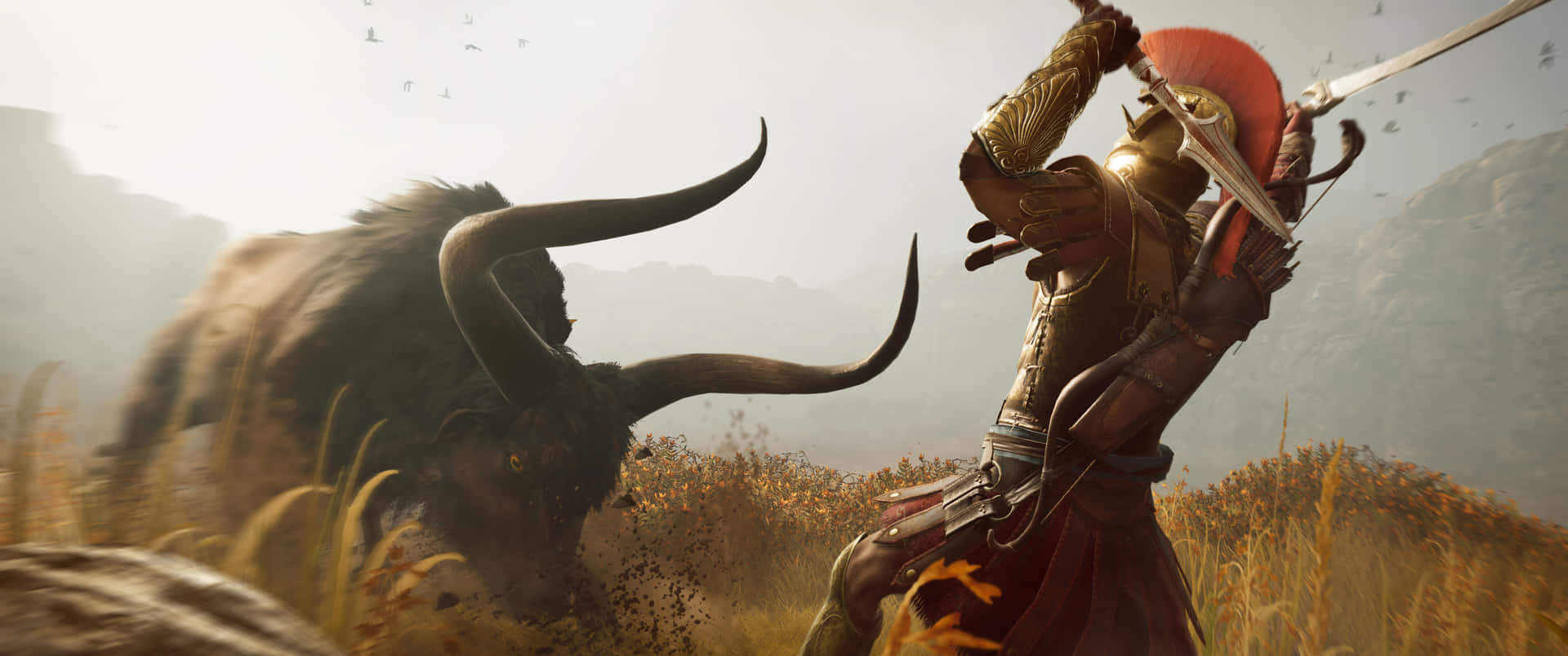 3440x1440p Assassin's Creed Odyssey Background Assassin Fighting A Bull Background