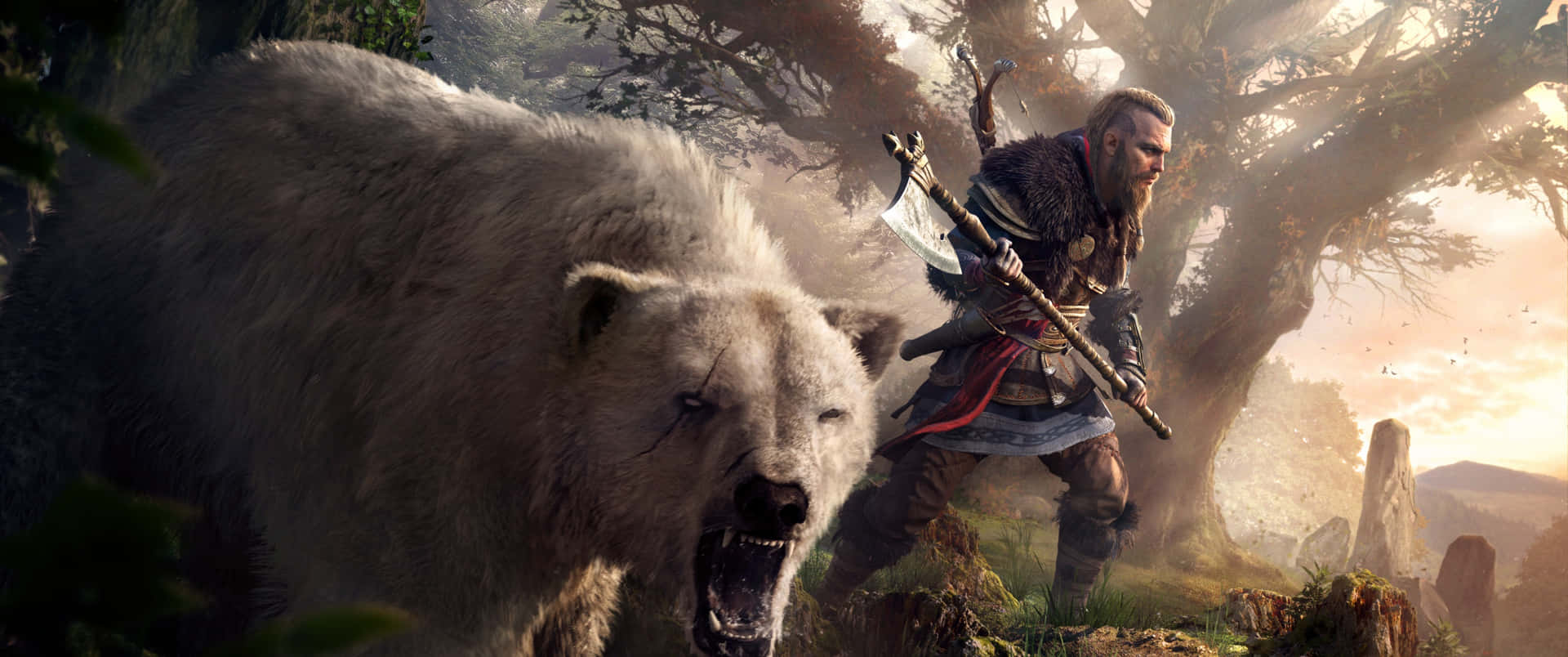 3440x1440p Assassin's Creed Odyssey Background Warrior And A Polar Bear Background