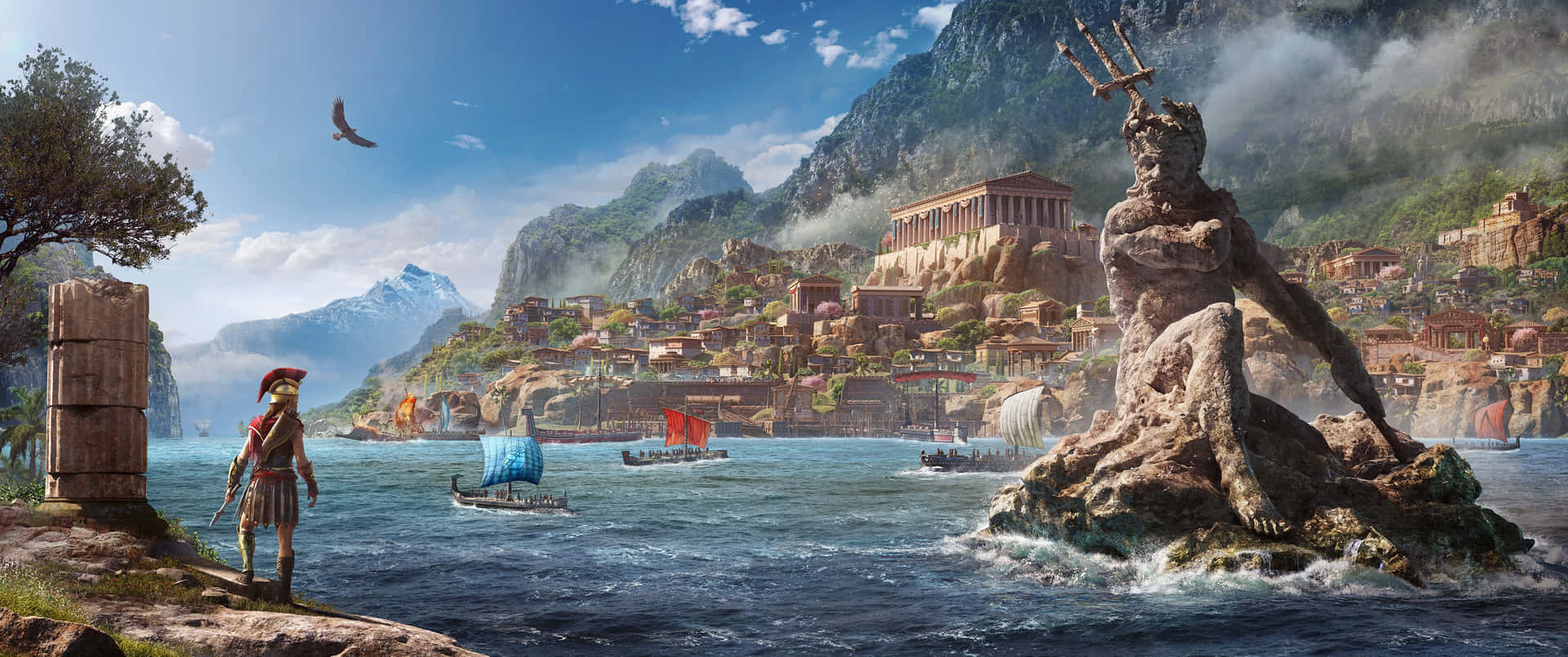 3440x1440p Assassin's Creed Odyssey Background Assassin Looking At Poseidon's Statue Background
