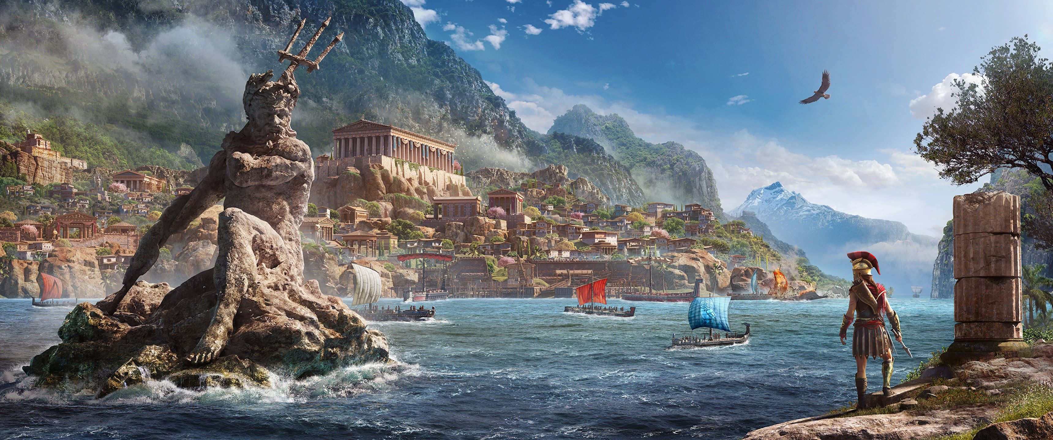 3440x1440p Assassin's Creed Odyssey Background Statue Of Poseidon Background