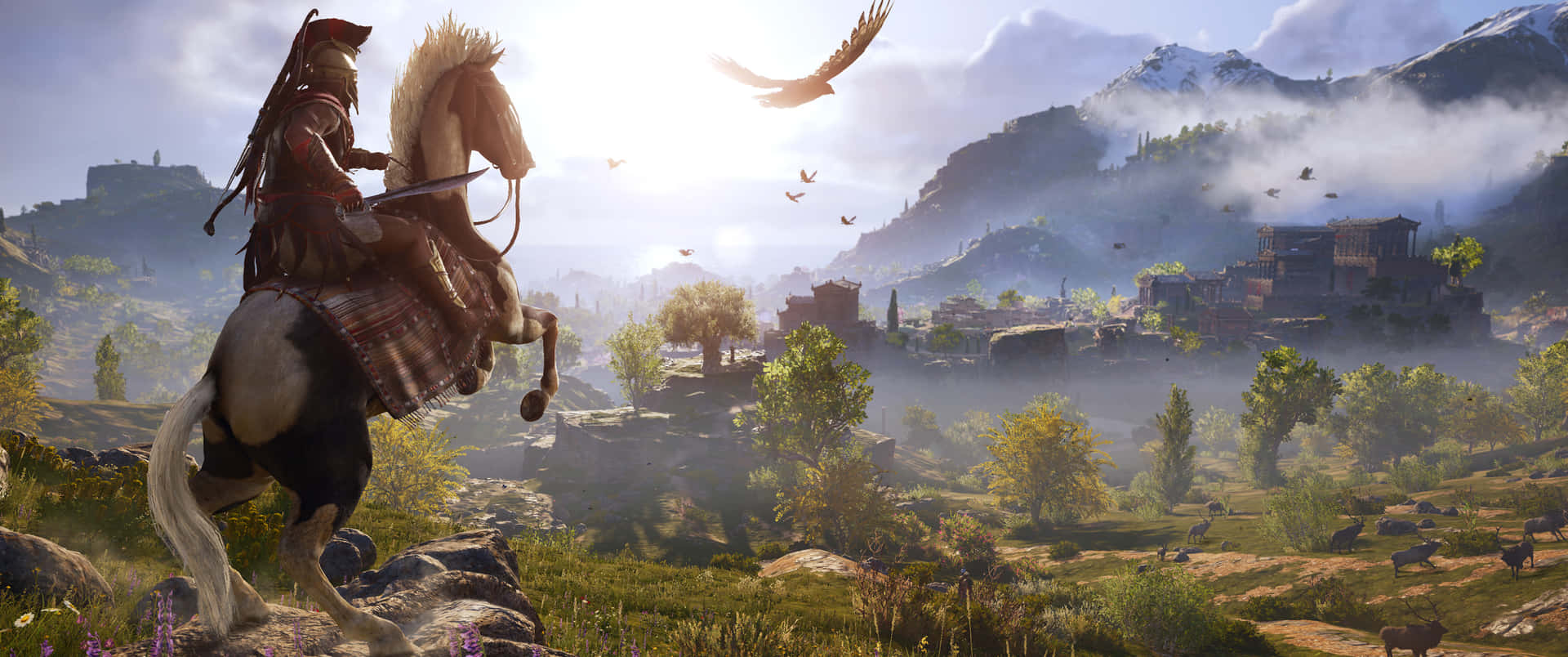3440x1440p Assassin's Creed Odyssey Background Assassin Riding A Horse Background