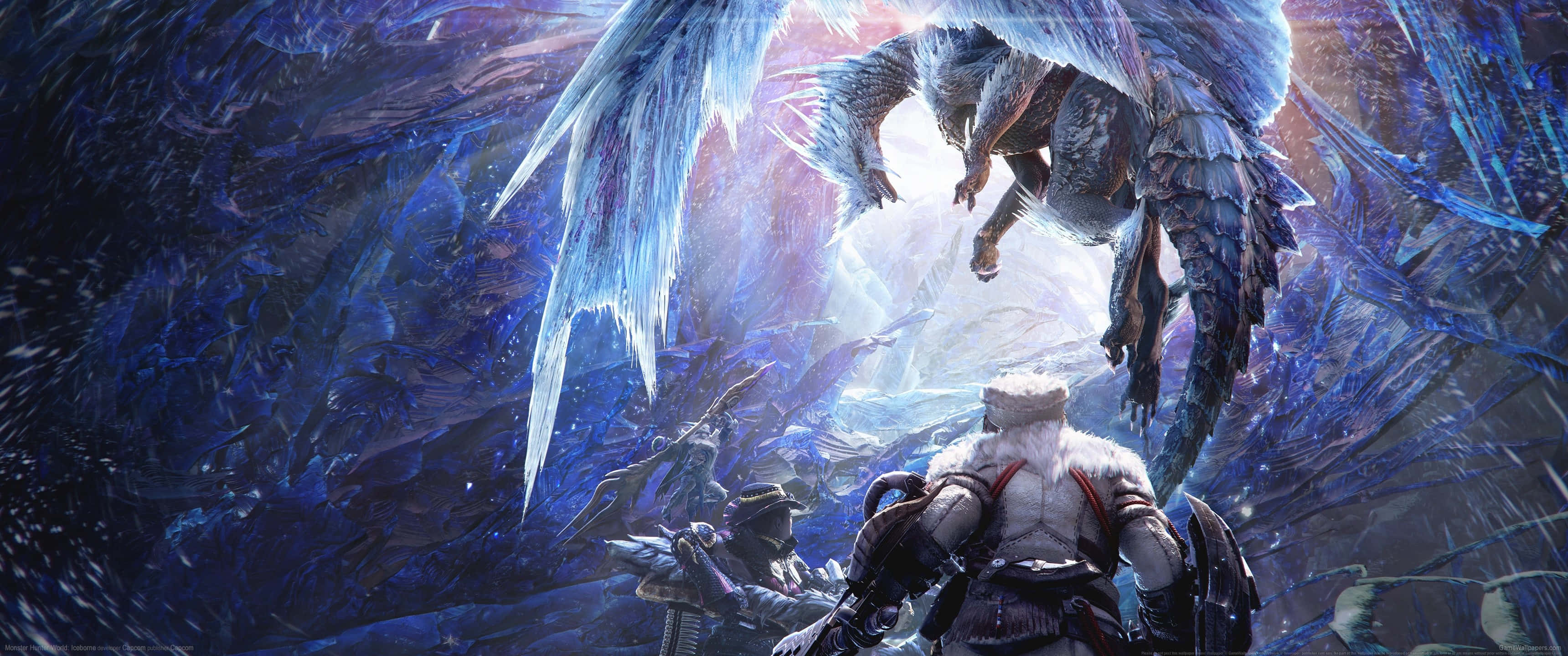3440x1440p Assassin's Creed Odyssey Background Icy Dragon Facing Two Hunters Background