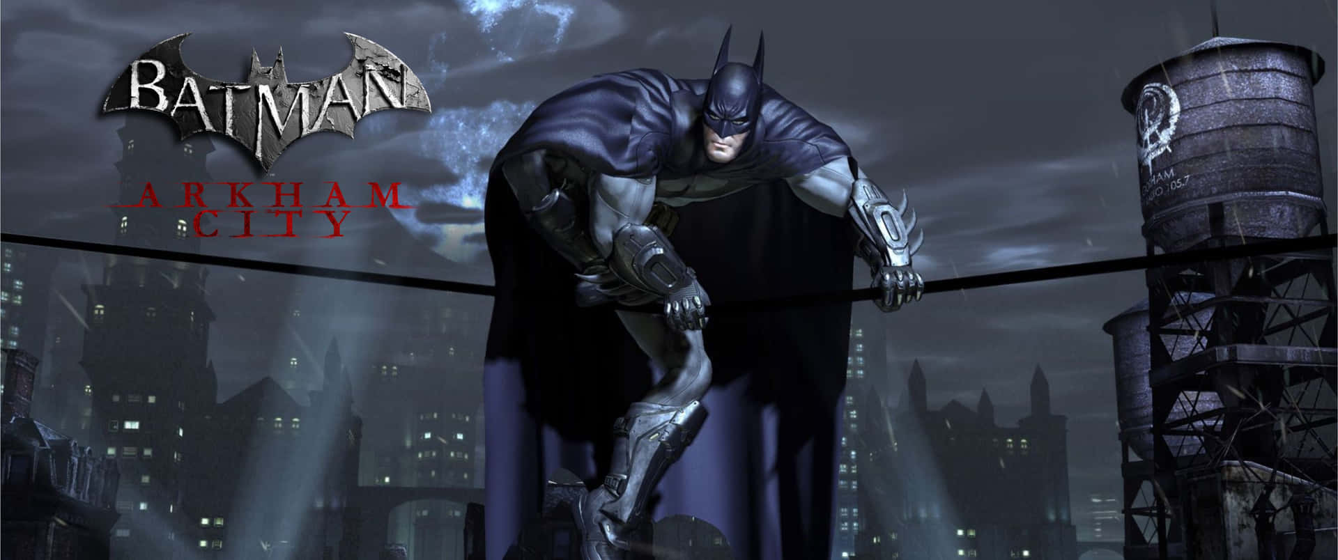 Enatmosfärisk Bild Av Gotham City När Natten Faller.