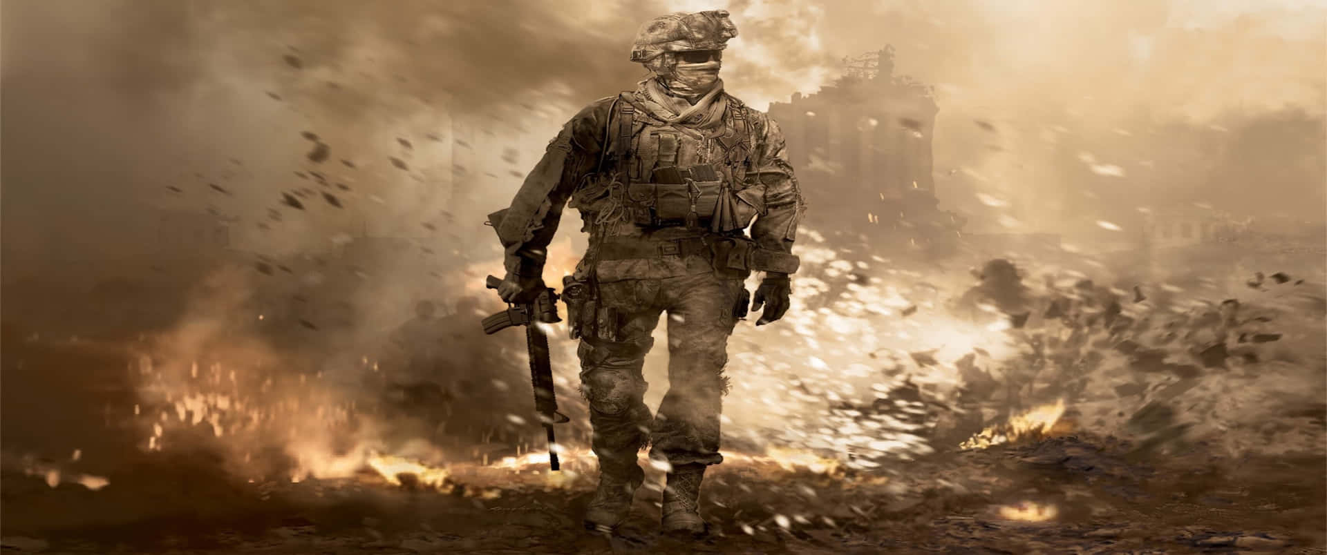 Explosionsscenen3440x1440p Förbakgrundsbild I Call Of Duty Modern Warfare.
