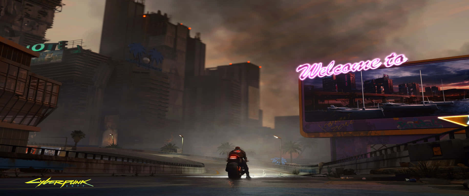 3440x1440p Cyberpunk 2077 Background Parked Motorcycle Welcome Sign