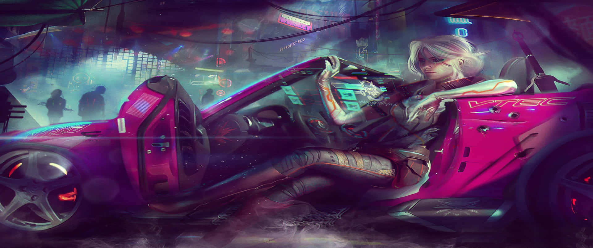 3440x1440pfondo De Pantalla De Cyberpunk 2077 Mujer En Un Automóvil Violeta.