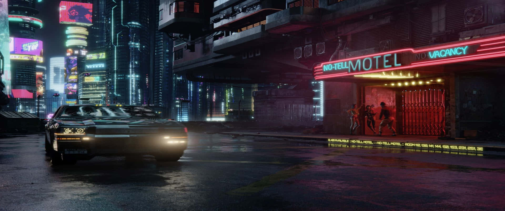 3440x1440phintergrundbild Für Cyberpunk 2077: Auto Vor Dem Hotel Geparkt