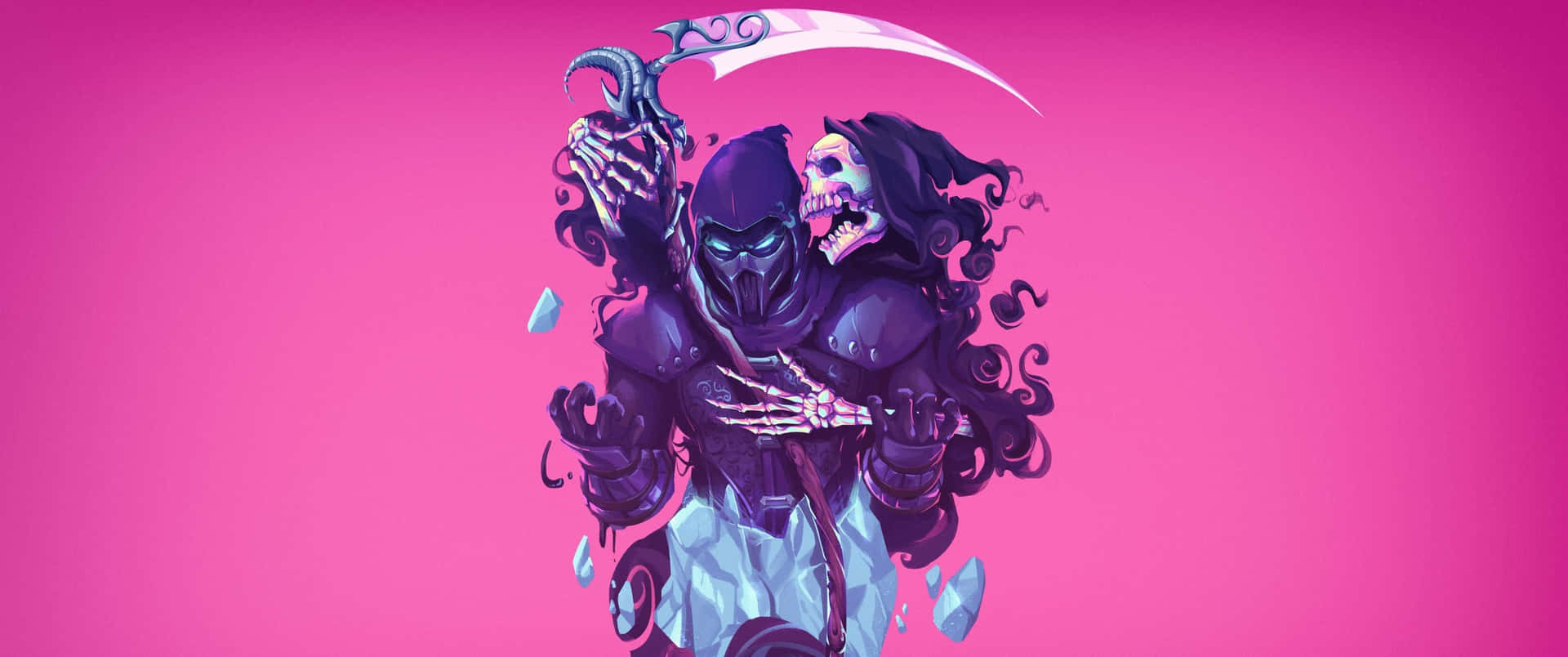 A Girl With A Scythe And A Skeleton On A Pink Background