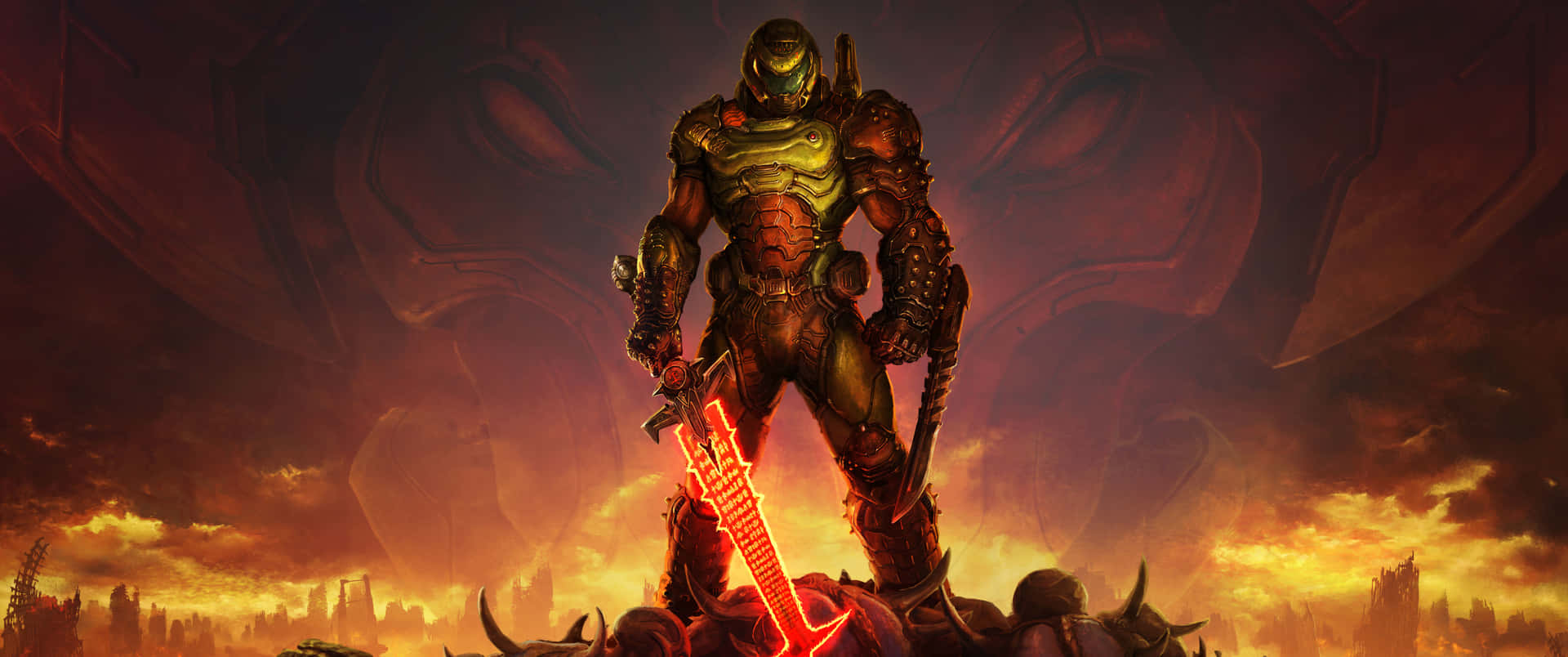 Un'immaginesuggestiva Di Una Navicella Spaziale Nel Mondo Sinistramente Colorato Del Videogioco Demoniaco - Doom.
