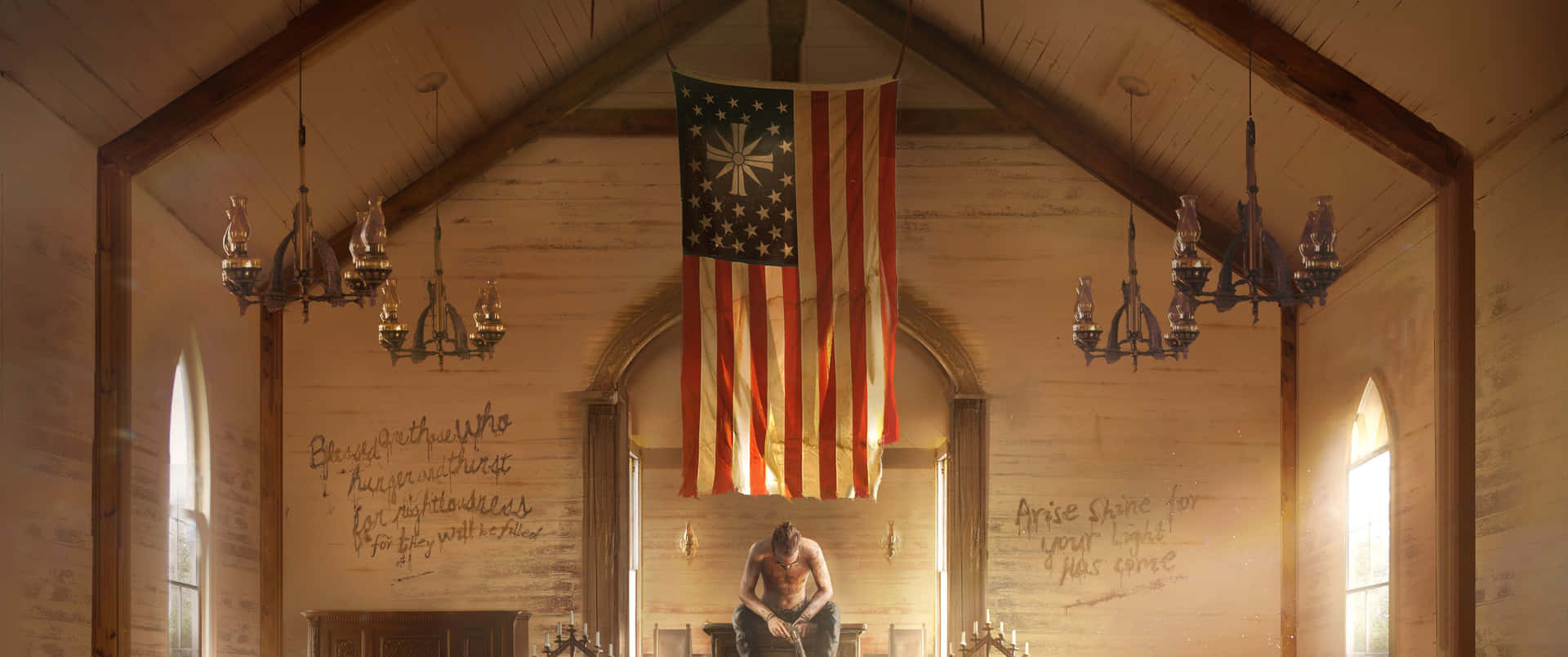 Unamujer Está Sentada En Una Iglesia Con Una Bandera Estadounidense.