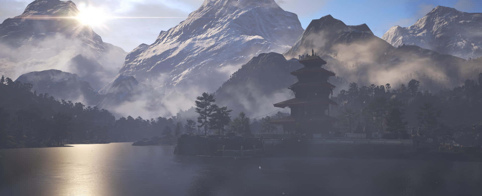 En bjergscene med et pagodetag og en sø