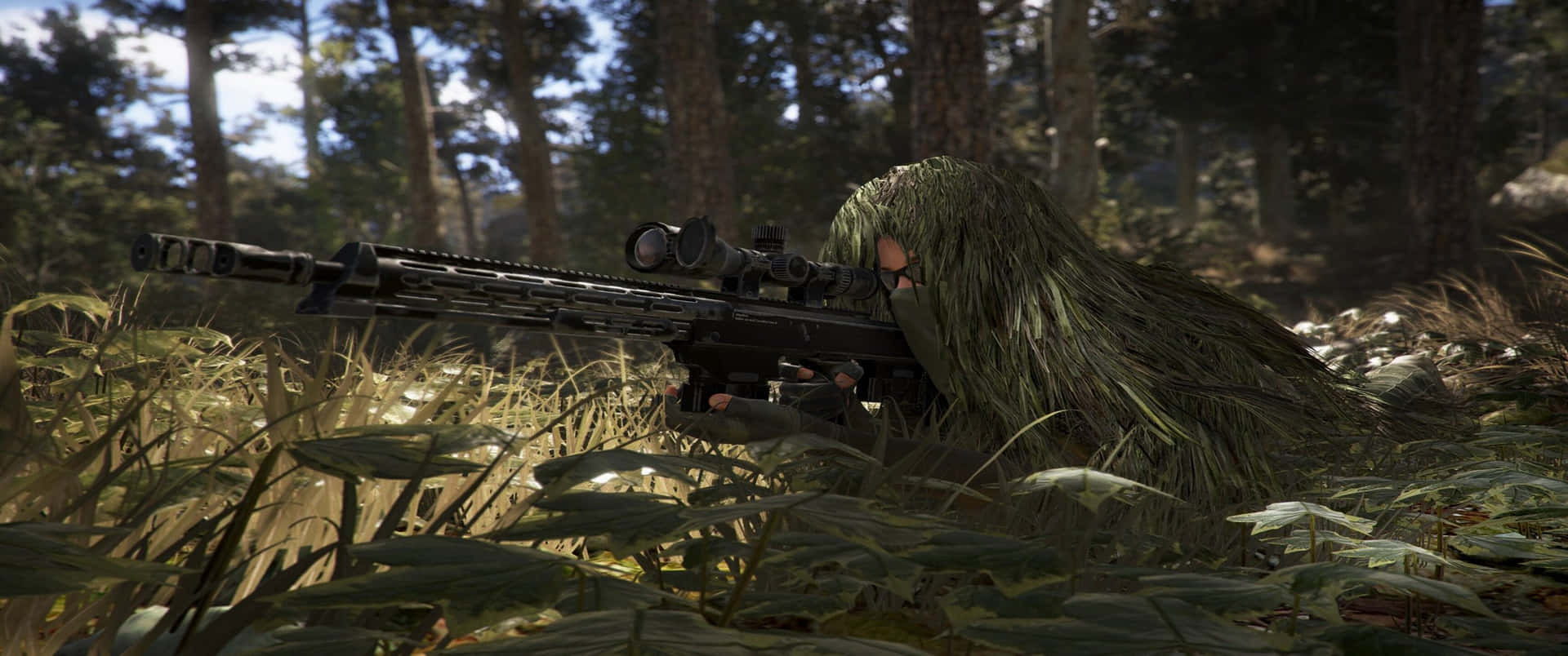 Unhombre Camuflado Está Disparando Un Rifle En El Bosque.