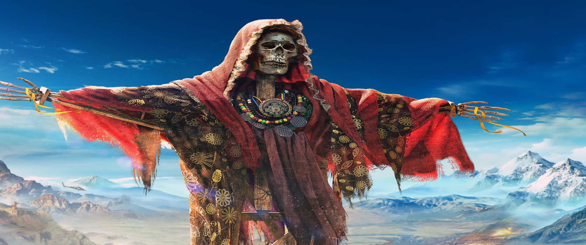 A Skeleton With A Red Cloak Standing In The Mountains