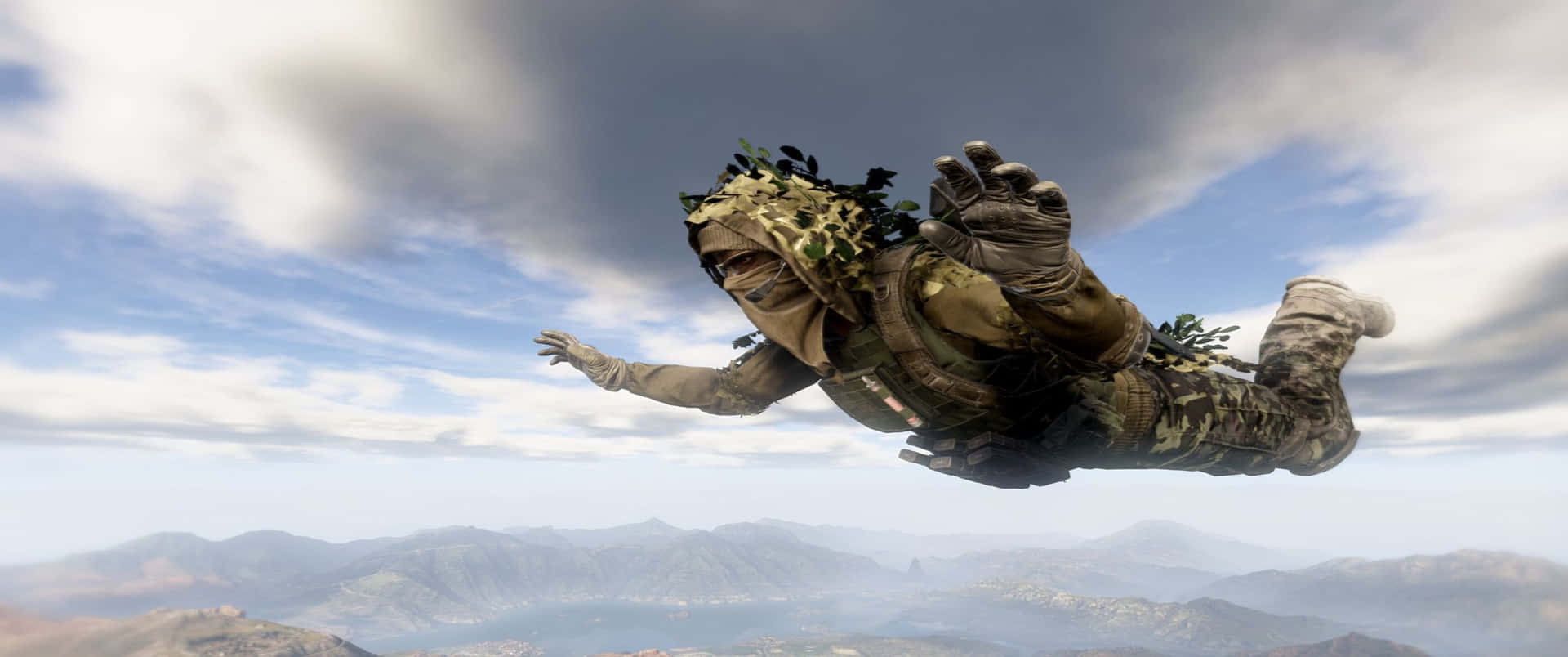 A Man Is Flying In The Air Over Mountains
