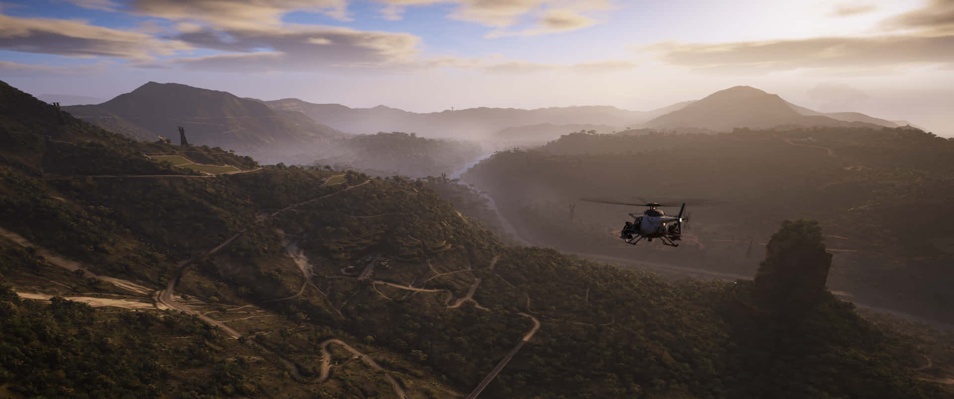 A Helicopter Flying Over A Mountain In A Game