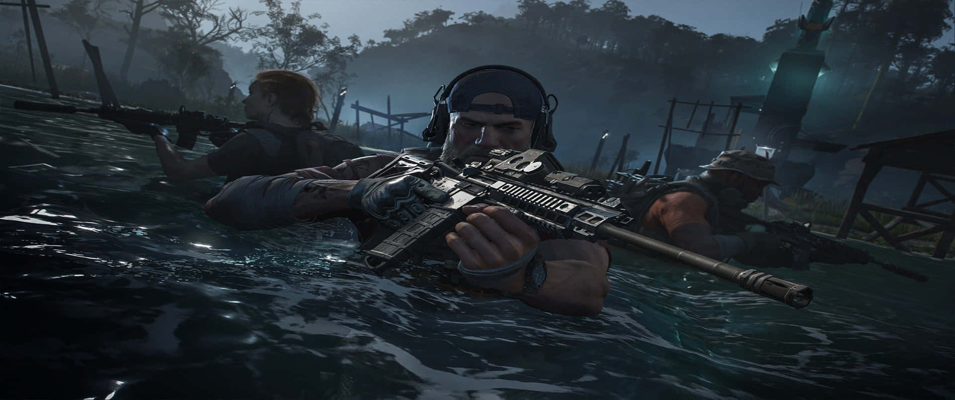 A Group Of Soldiers In The Water With Guns