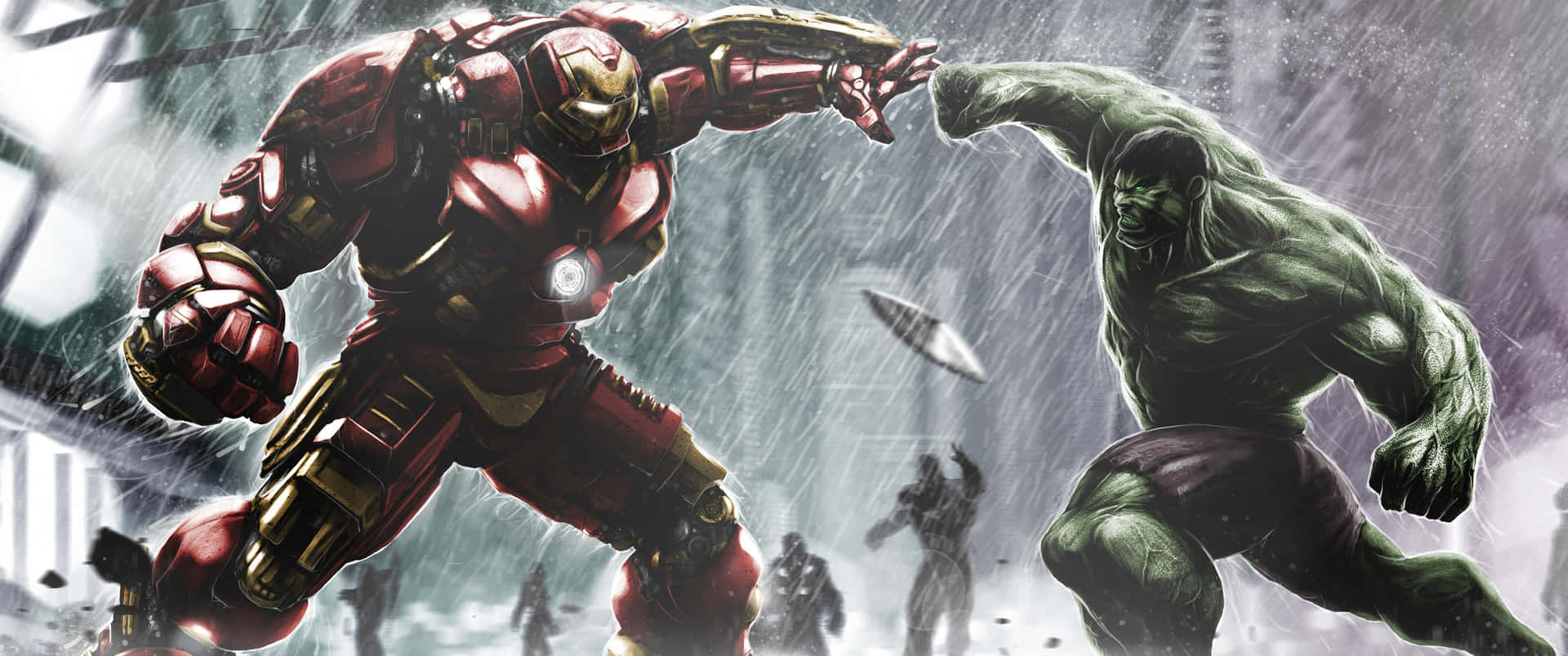 hulk and iron man fighting in the rain