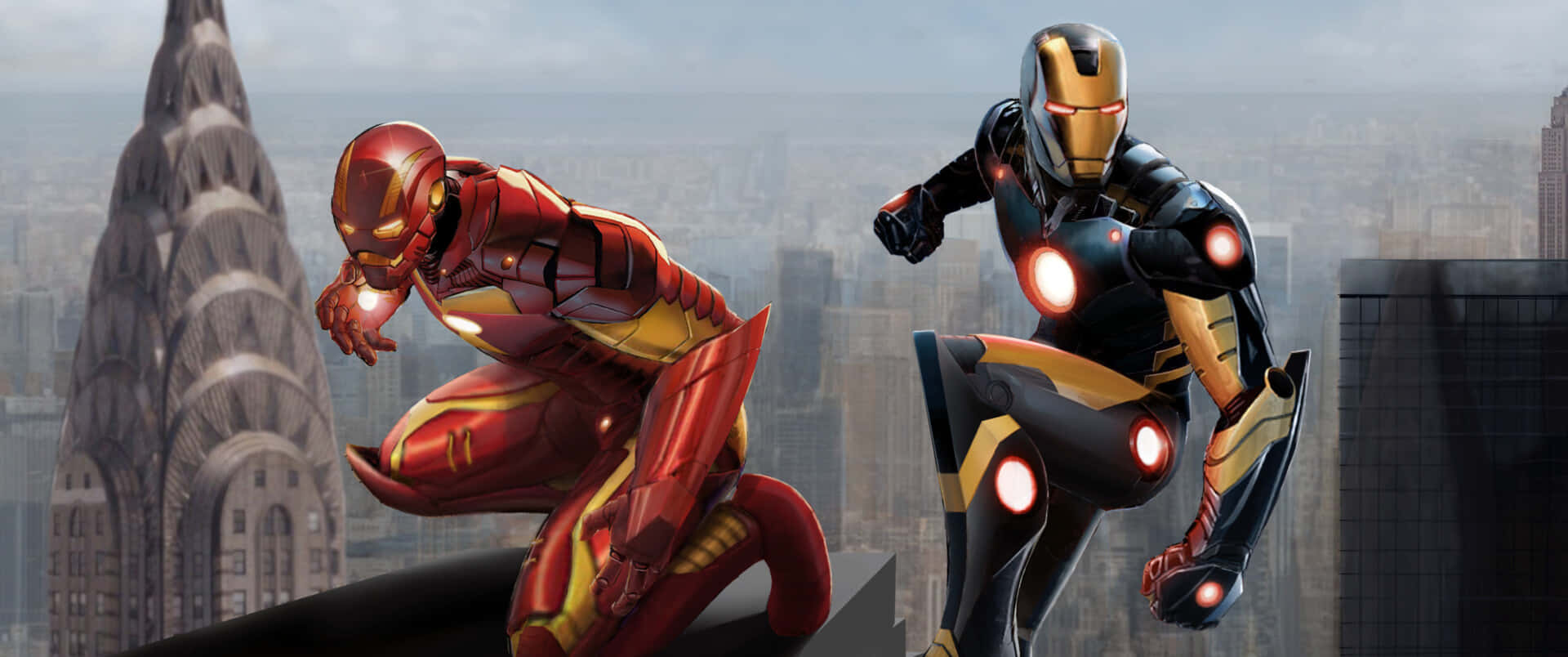 two iron man characters are flying over a city