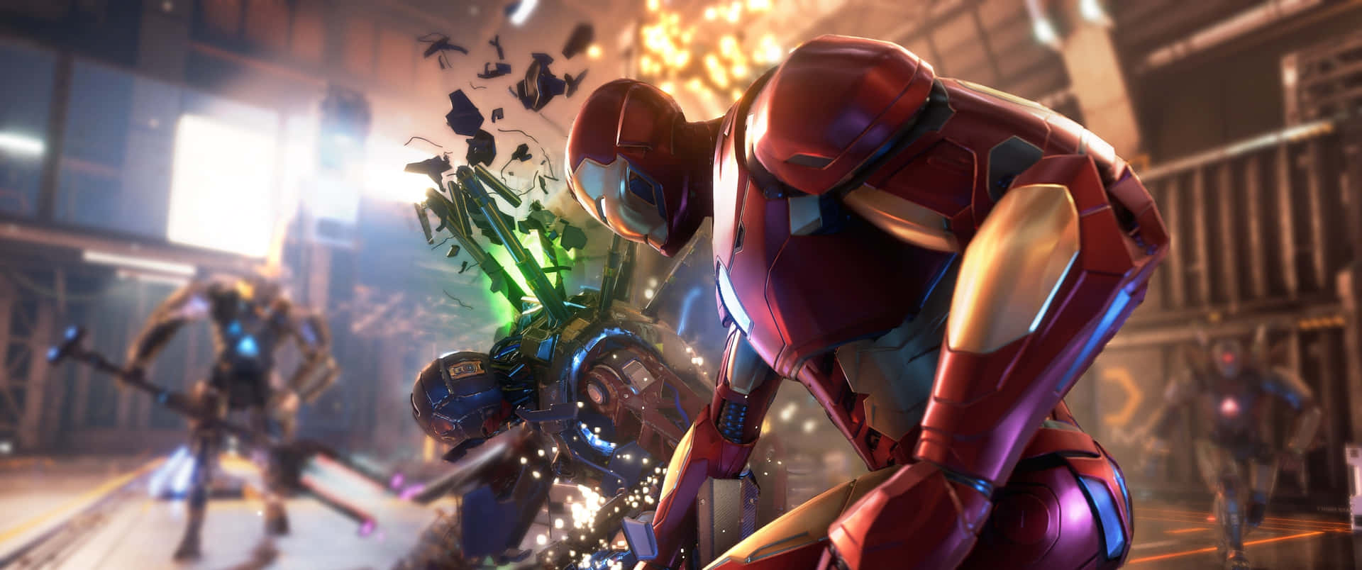 En scene fra et videospil med Iron Man og andre figurer