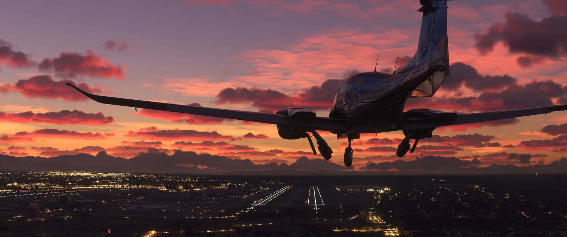A Plane Flying Over A City At Sunset